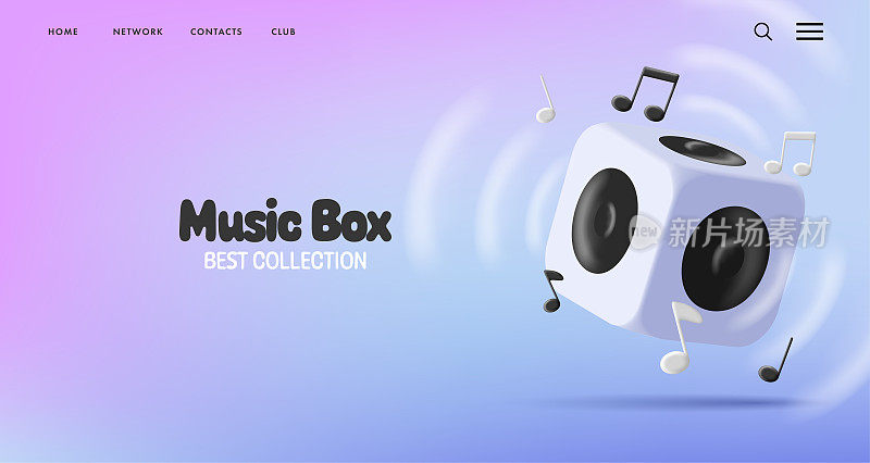 音乐3d音箱列，渲染风格的立方体与扩音器和音符，网页横幅