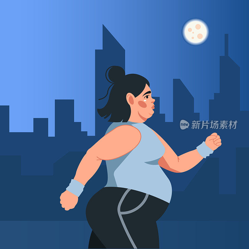 矢量插图与一个年轻的肥胖妇女跑在一个夜晚的城市的背景