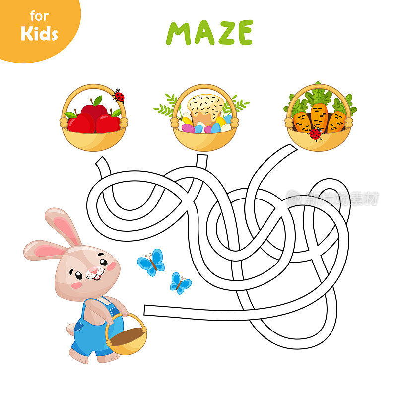 以复活节为主题的儿童小游戏。帮助兔子穿过迷宫