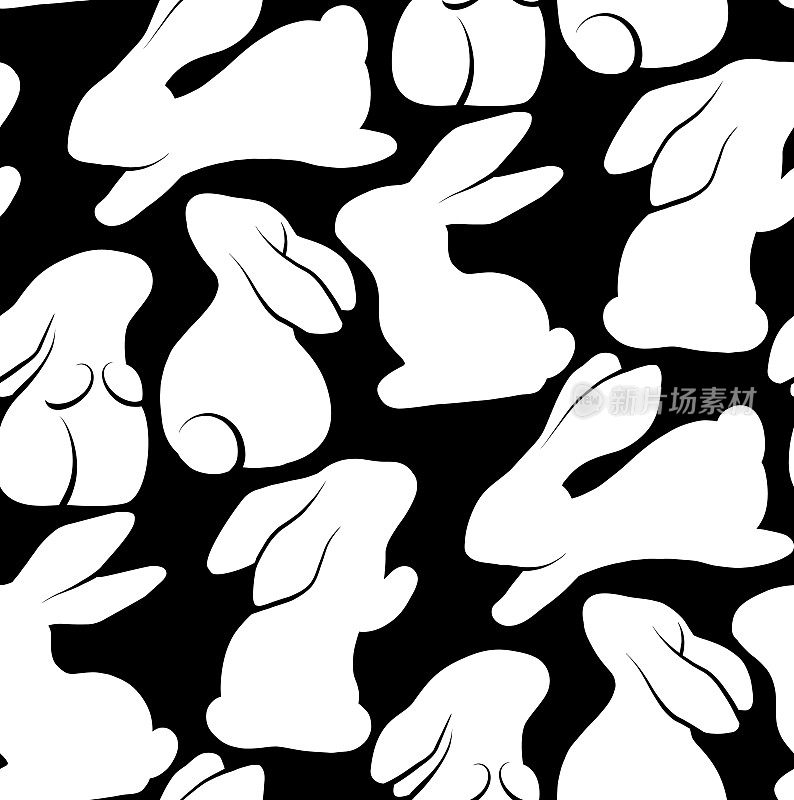 矢量单色无缝模式兔在各种姿势。黑色背景上有紧致的白兔纹理。动物的幼稚背景