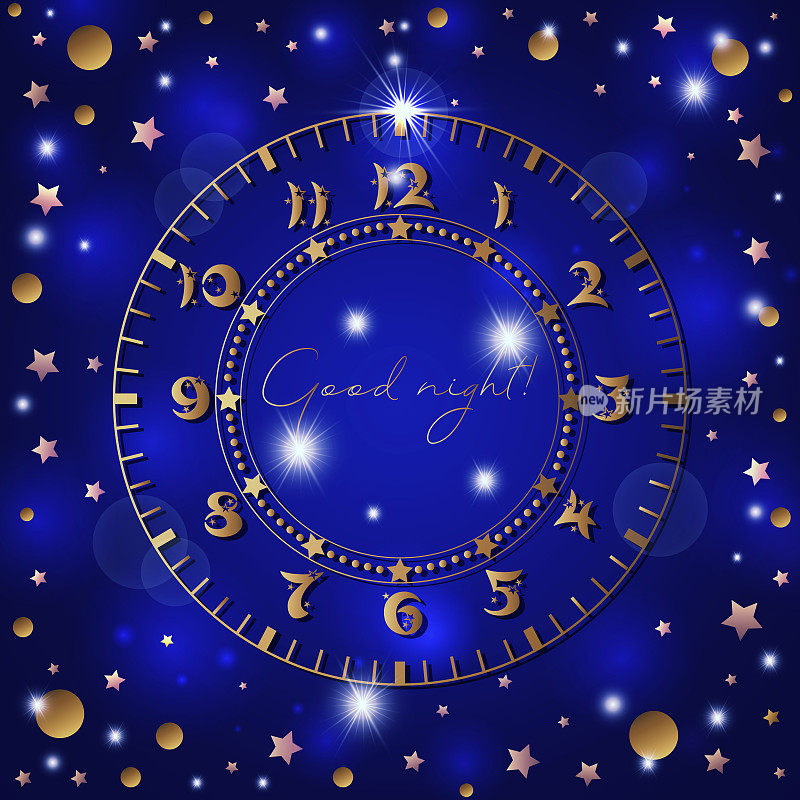 平面风格中的后期时间概念。晚安!时钟的背景是一个漆黑的夜晚和星星。