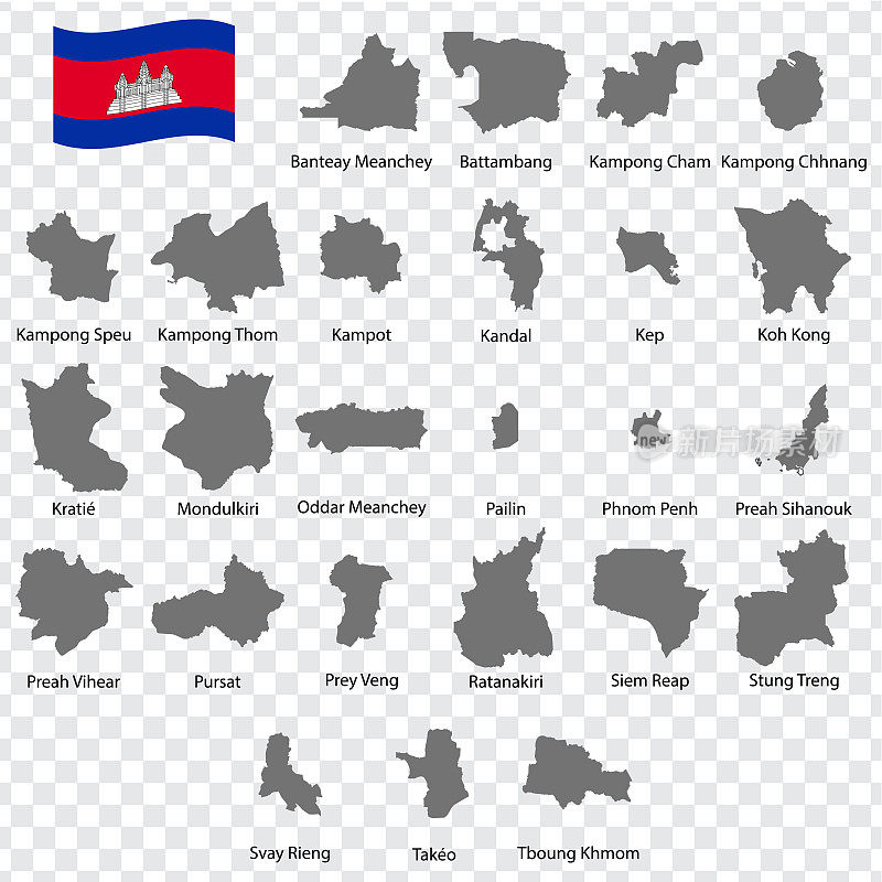 柬埔寨的地区-按字母顺序加上名字。每一幅区域地图都有文字和标题。柬埔寨。每股收益10。