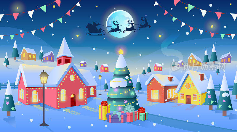 圣诞街。冬天的夜晚，郊区的房子，装饰着小屋的街道。街道上的房子都是白色的树，还有一棵圣诞树，上面有玩具，还有坐着雪橇的圣诞老人。
