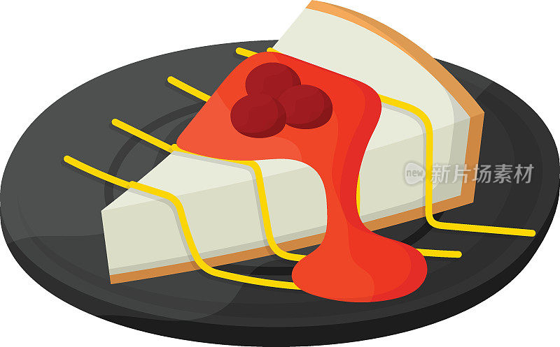 红莓芝士蛋糕糕点概念，天鹅绒蛋糕片与融化的芝士枫糖浆矢量图标设计，快餐符号，垃圾食品标志，流行便宜的好味道零食股票插图