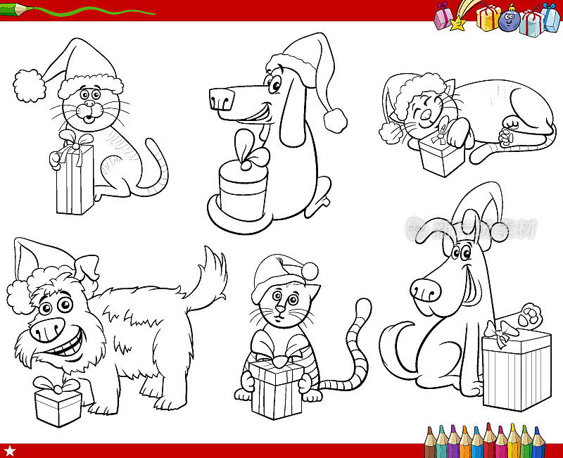 卡通狗和猫与圣诞礼物设置着色页