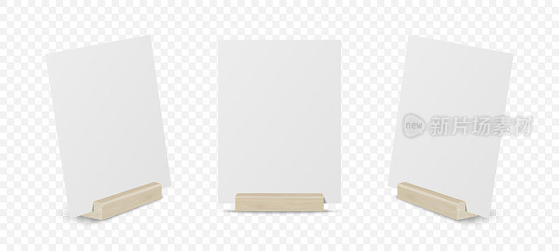 矢量三维现实的白色空白A4垂直纸单，卡片上的木架，站图标设置特写隔离。设计模板的模型，菜单框架，小册子。亚克力帐篷卡。正面、侧视图