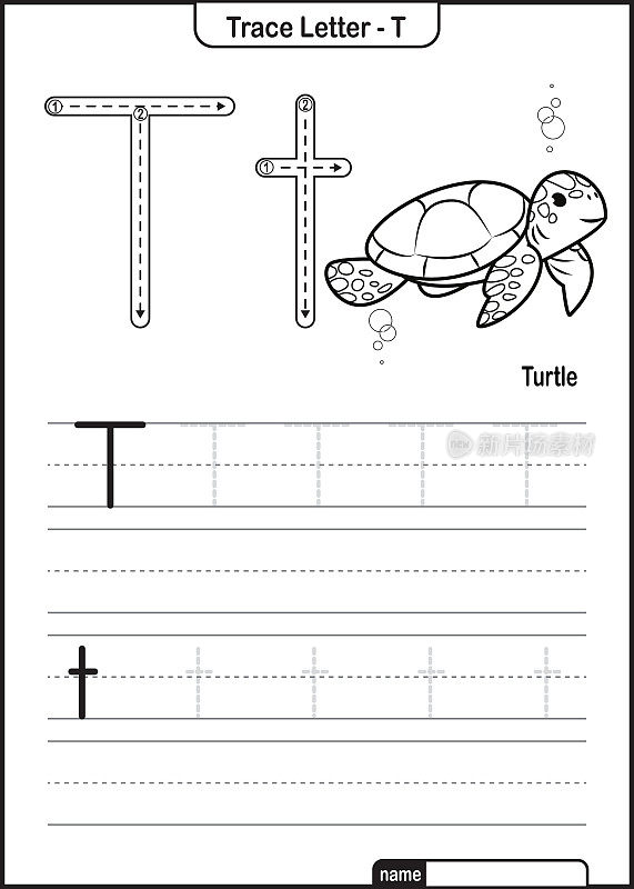 字母跟踪字母A到Z学龄前工作表与字母T龟亲矢量