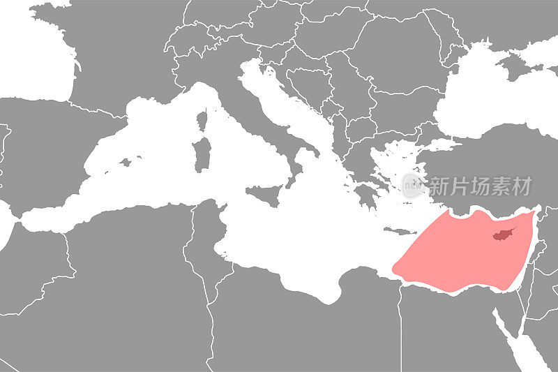 世界地图上的塞浦路斯海。矢量插图。