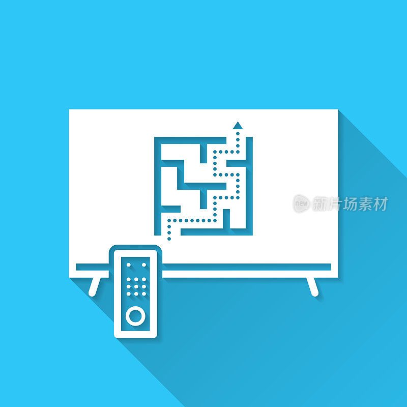 电视和迷宫。图标在蓝色背景-平面设计与长阴影