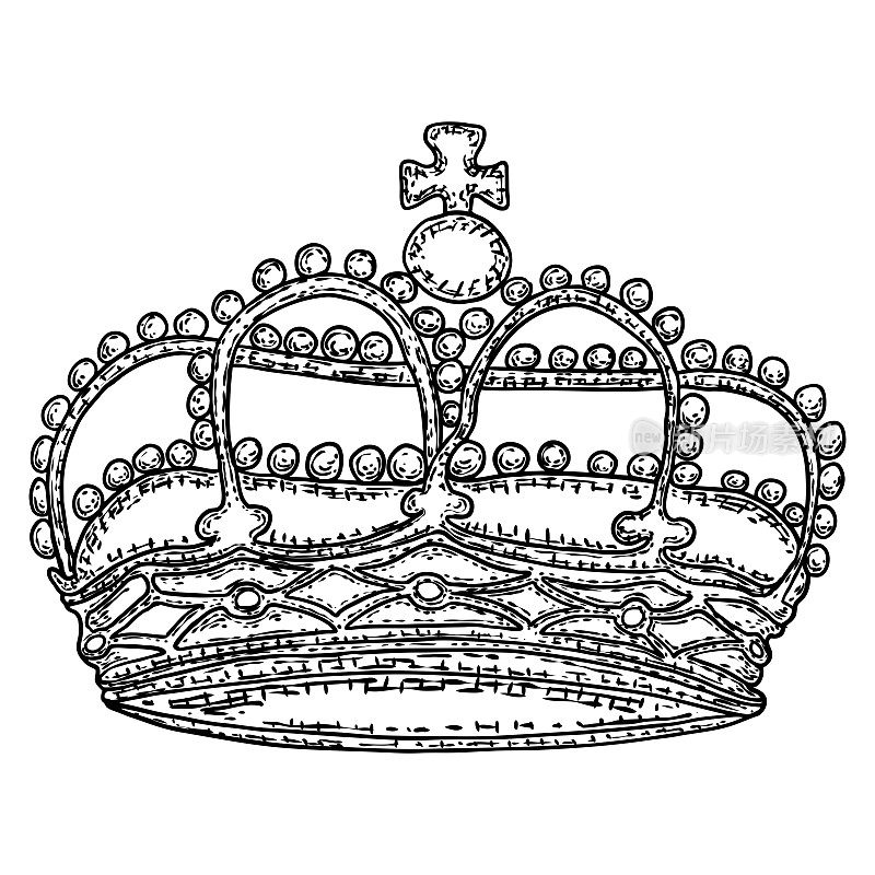 国王或女王的王冠上的复古蚀刻风格。国王和王后加冕时的头饰。皇家贵族皇室珠宝王冠。君主珍宝的象征。手绘矢量。