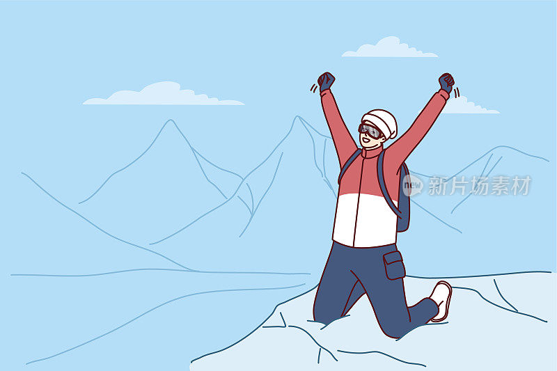 受启发的旅行者站在山顶上，为成功攀登珠穆朗玛峰而欣喜