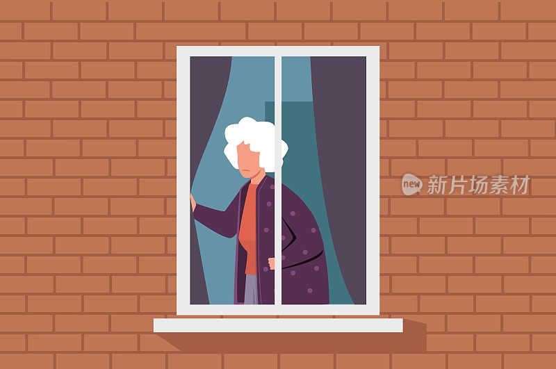 孤独的老妇人，悲伤的老妇人看着窗外的房子。不快乐或悲伤的祖母感到孤独，患有抑郁症。卡通平面矢量概念