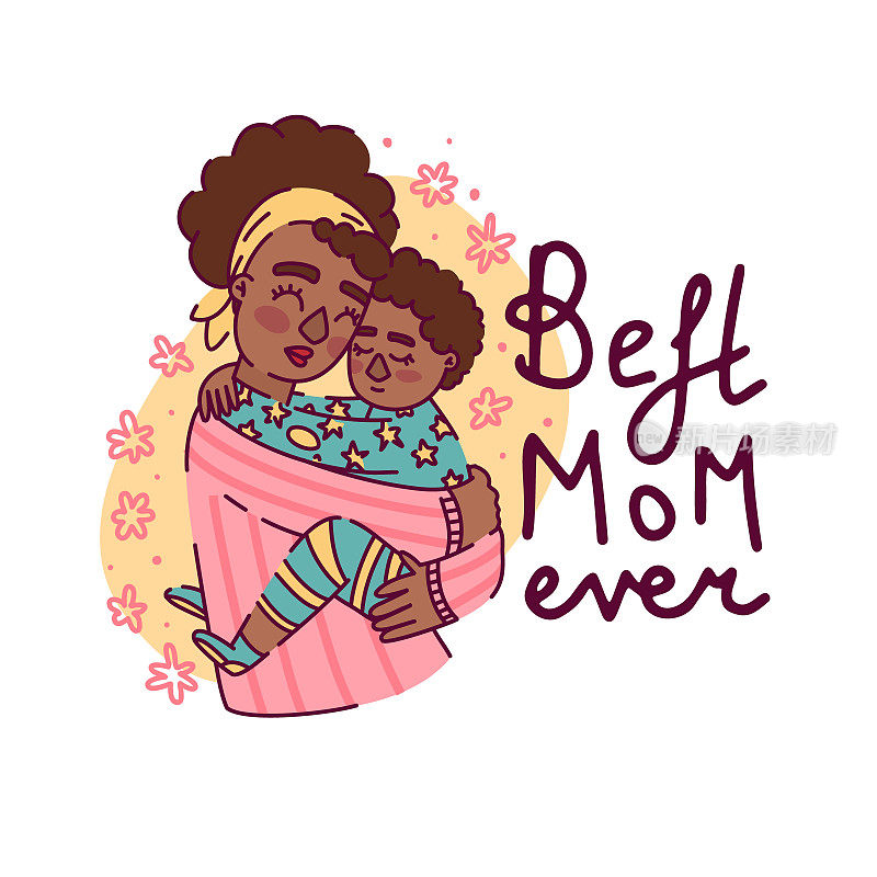 母亲节快乐的可爱插图。卡通人物宝宝在妈妈怀里。向量