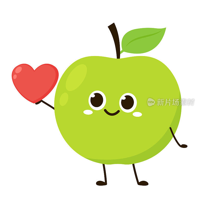 绿苹果卡通。快乐苹果水果可爱人物吉祥物矢量设计。情人节的苹果卡通。