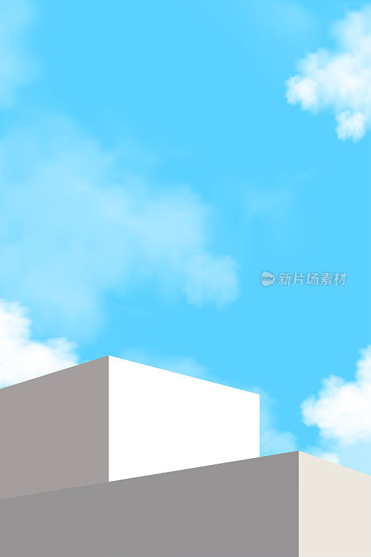 3d灰色讲台步骤在云，蓝天背景，矢量背景显示与白色舞台展示样机，春夏化妆品的最小设计背景