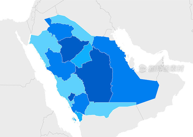 高度详细的沙特阿拉伯蓝色地图，包括埃及、苏丹、以色列、约旦、伊拉克、科威特、巴林、卡塔尔、阿拉伯联合酋长国、阿曼和也门的地区和国家边界