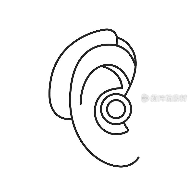 耳部助听器线图标，帮助听力受损人士。耳聋，听力损失。有听力问题的聋子。通过音管恢复听力。向量