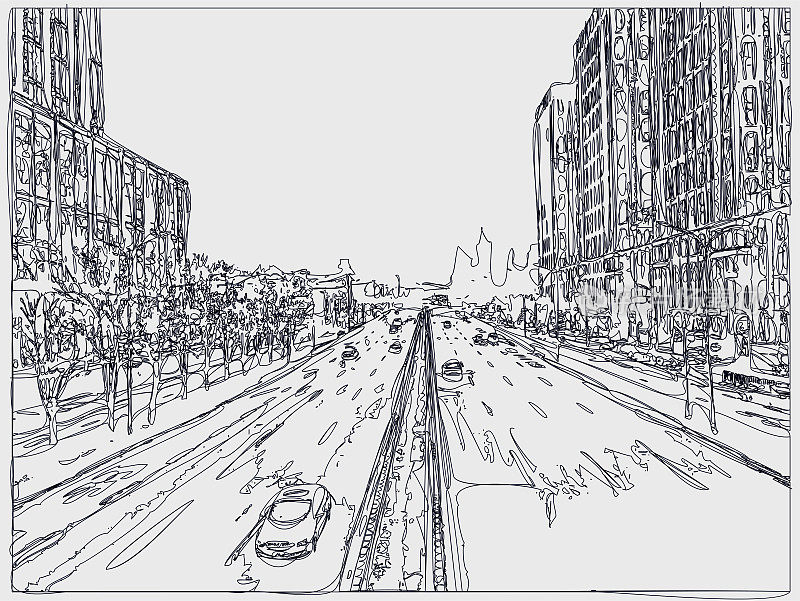 抽象线条绘画风格的城市街道交通场景