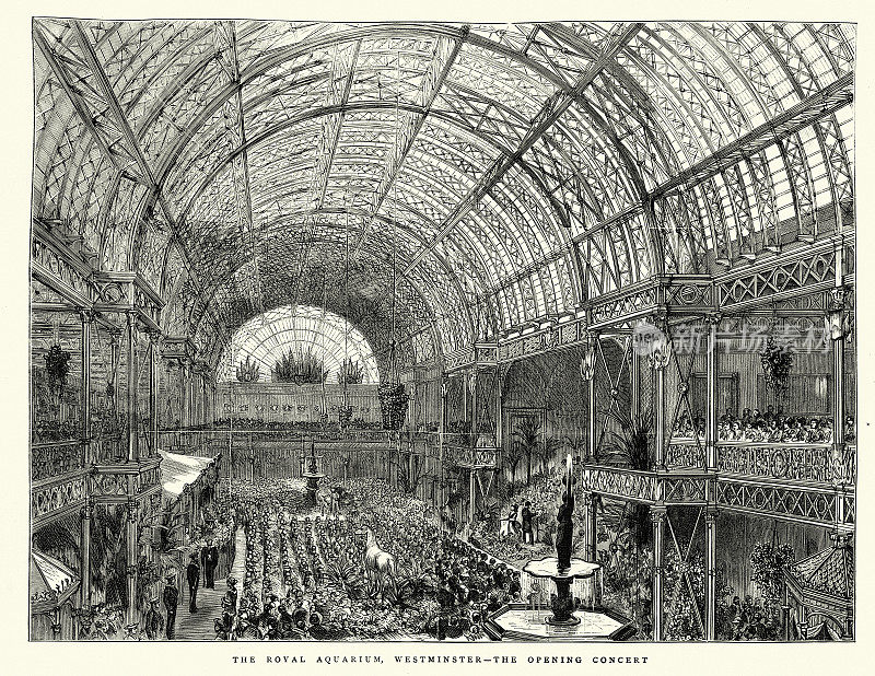 在皇家水族馆和冬季花园开幕音乐会，威斯敏斯特，伦敦，维多利亚公共建筑19世纪70年代