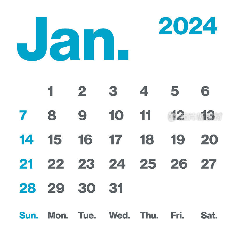 2024年1月-月历。极简风格的方形日历。向量模板。一周从周日开始