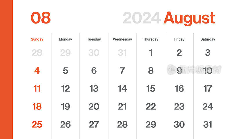 2024年8月――月历。极简风格的景观水平日历2024年。向量模板。一周从周日开始