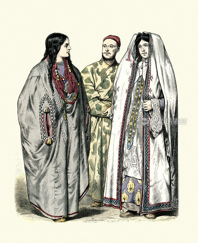 中亚的传统服饰，土耳其斯坦的萨提族男女，中国边境的土库曼斯坦，19世纪的服装史