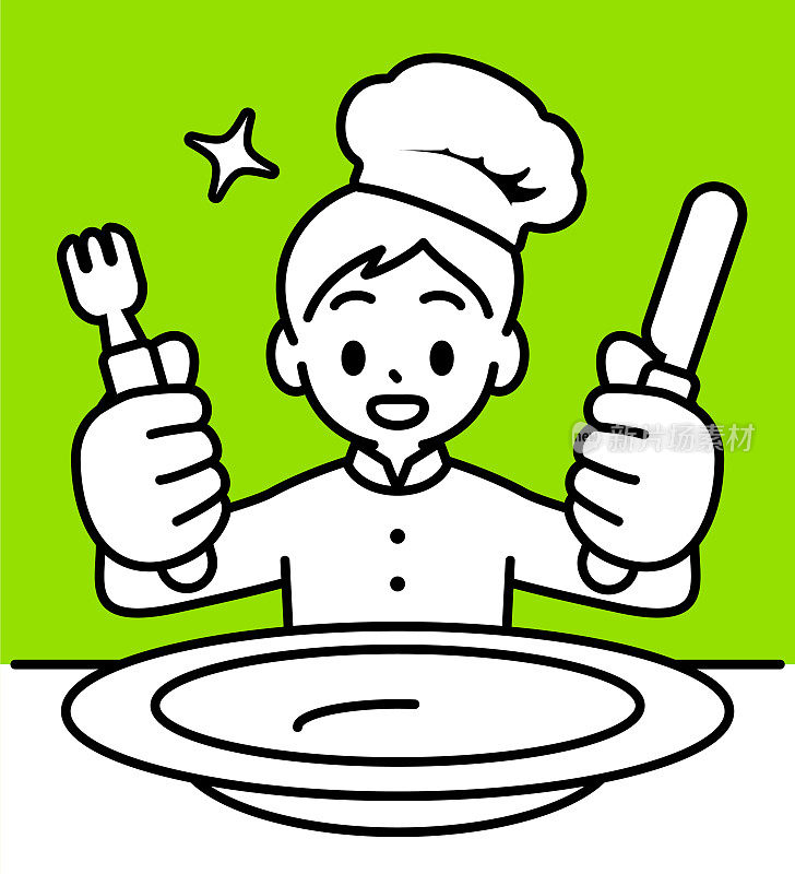 一个厨师男孩拿着刀叉，坐下来吃饭，面前是一个大空盘子，看着观众，极简风格，黑白轮廓