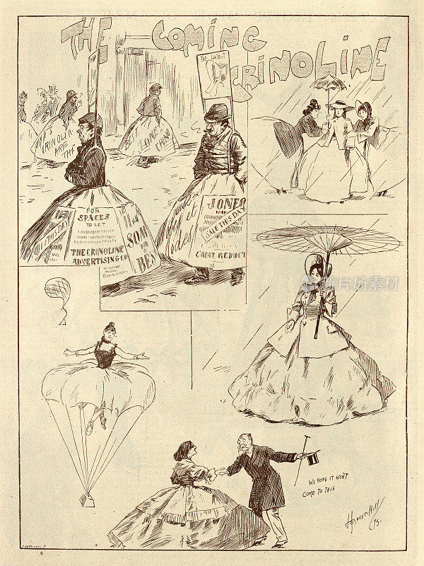 喜剧衬裙，19世纪90年代，裙子降落伞，伞，人体广告，维多利亚卡通小品