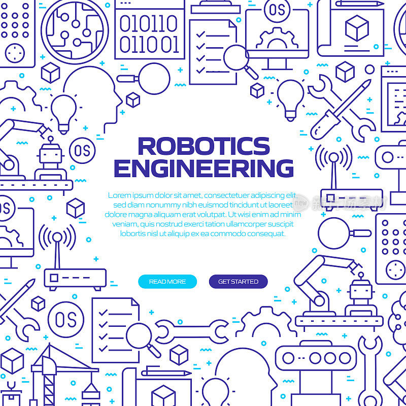 机器人工程网站横幅与线性图标，新潮的线性风格向量