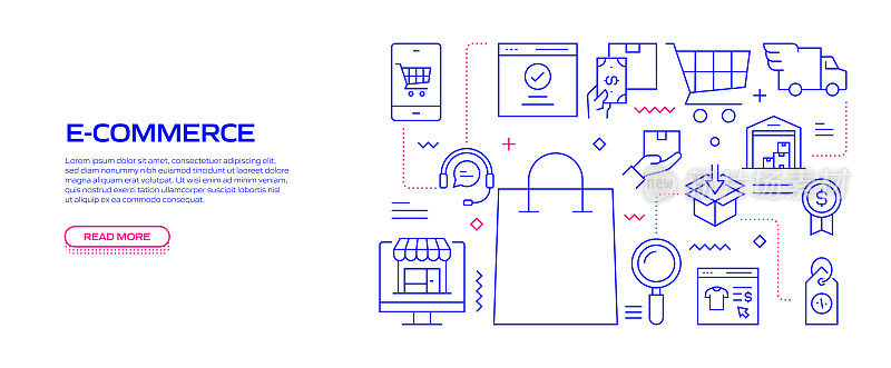 电子商务相关的线条风格横幅设计网页，标题，小册子，年度报告和书籍封面
