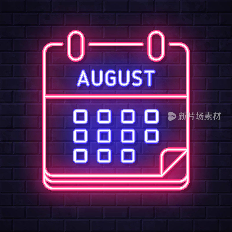 8月日历。在砖墙背景上发光的霓虹灯图标