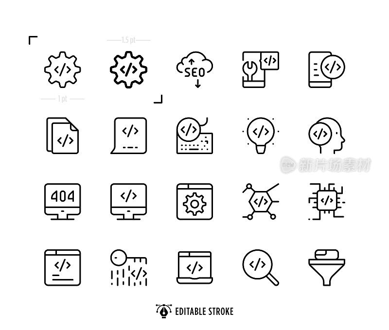 编码线图标集。可编辑的中风。像素完美。