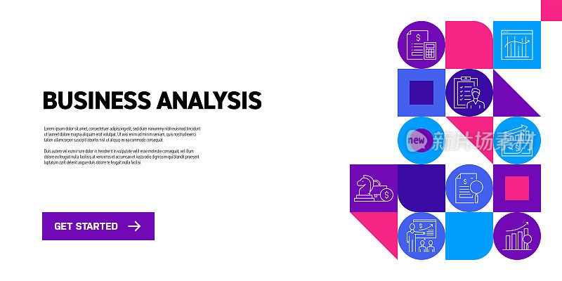 业务分析相关的网络横幅矢量与线图标。商务、分析、数据、战略、会议、报告。