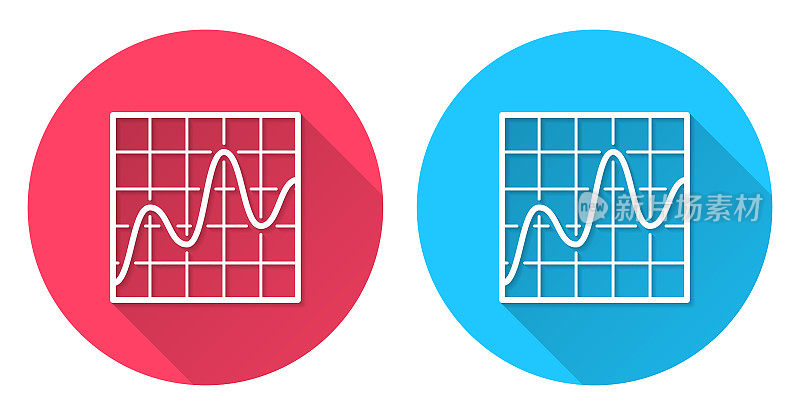 曲线图表。圆形图标与长阴影在红色或蓝色的背景