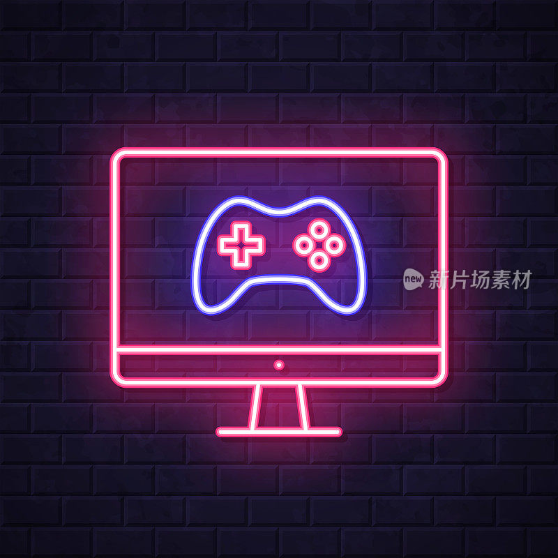 在台式电脑上玩电子游戏。在砖墙背景上发光的霓虹灯图标