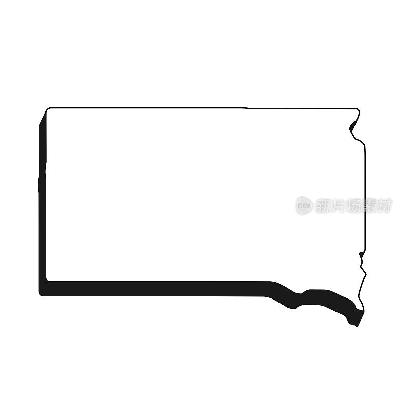 南达科他州地图黑色轮廓和阴影在白色的背景