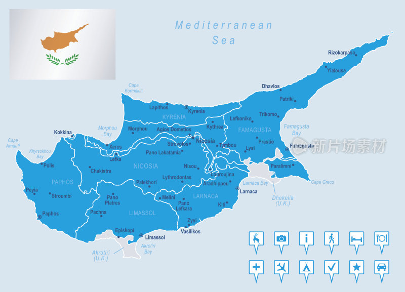 地图塞浦路斯-国家，城市，旗帜，导航图标