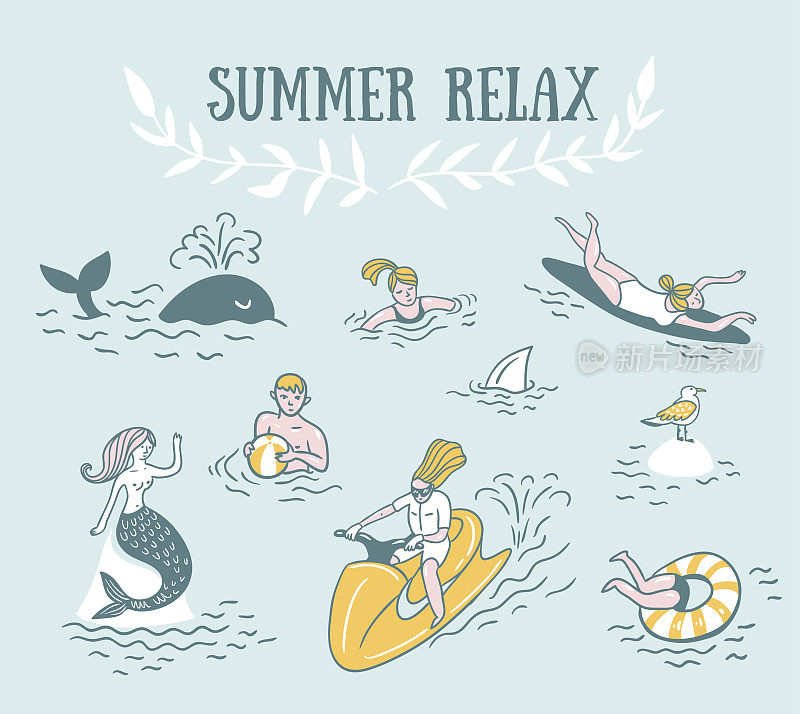 夏季海矢量图。人们积极放松，游泳。