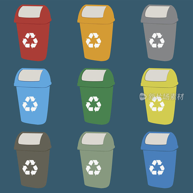 不同颜色的回收垃圾桶。废物类型、分离和回收。