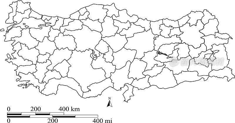 土耳其地图用英里和公里比例尺勾勒矢量