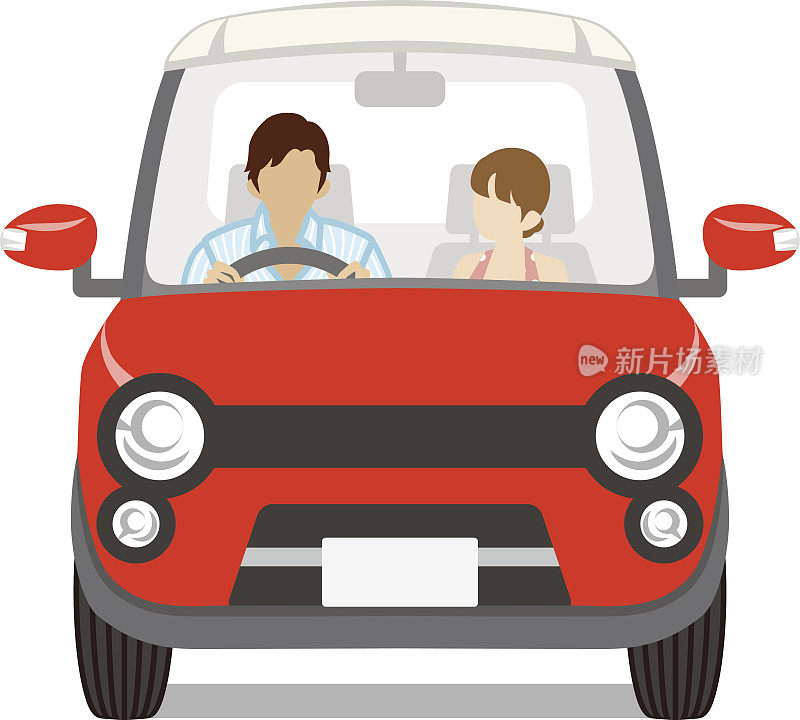 一对夫妇骑着红色的车，正面-孤立
