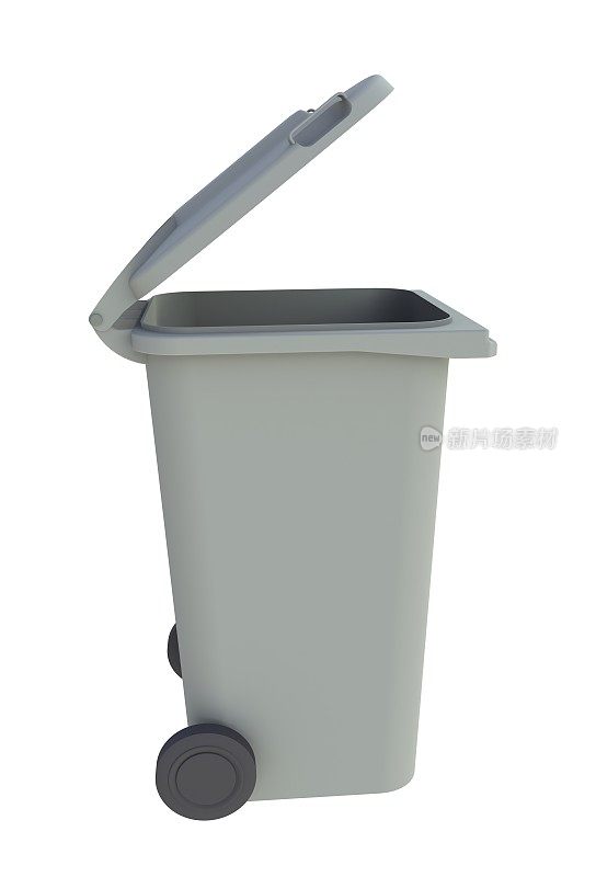 旁边的灰色垃圾桶有一个开放的盖子，白色的背景，3D渲染