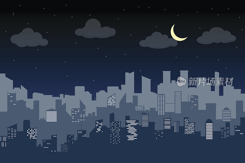 随机蓝色城市天际线矢量光背景。在晚上。