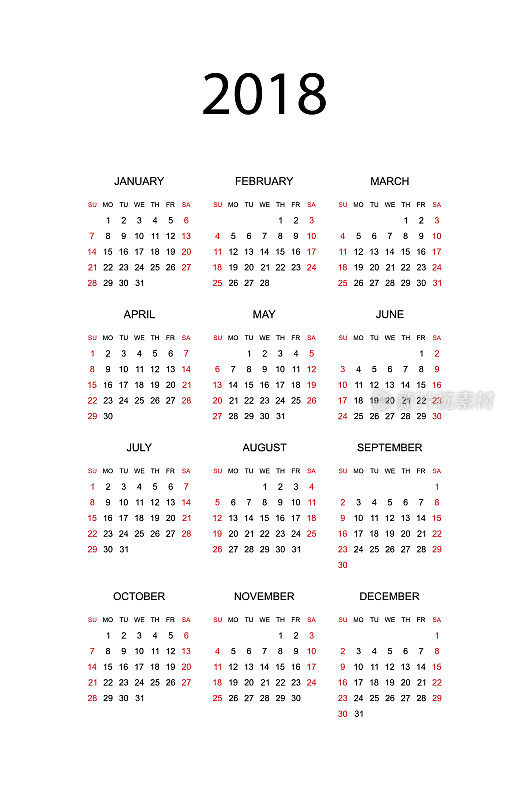 2018年的简单日历。一周从星期天开始。平面矢量插图EPS10