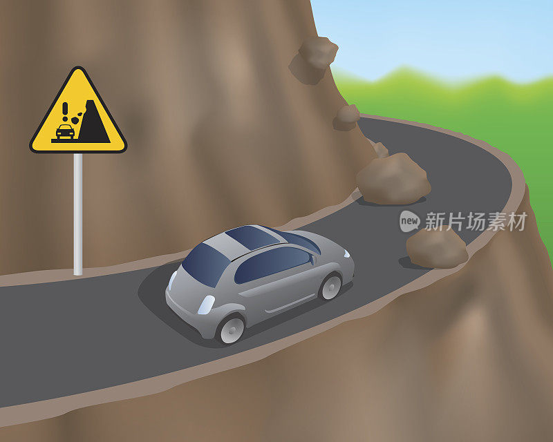 汽车在道路上的悬崖，矢量插图