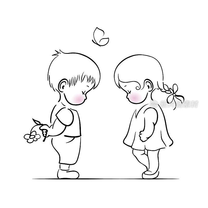 害羞的男孩和女孩手绘插画