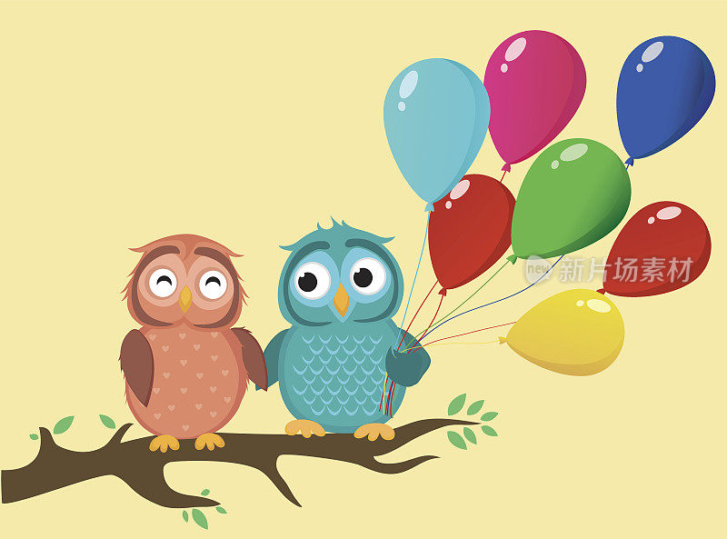 一对可爱的猫头鹰坐在树枝上，手里拿着许多五颜六色的气球。情人节贺卡和生日请柬。矢量插图蓝色的天空背景和白云