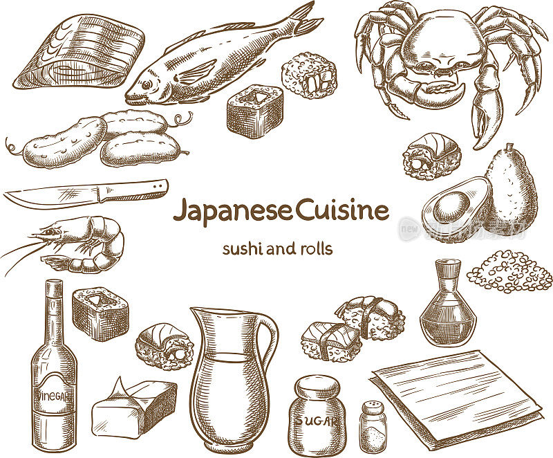 日本料理。寿司和卷的配料
