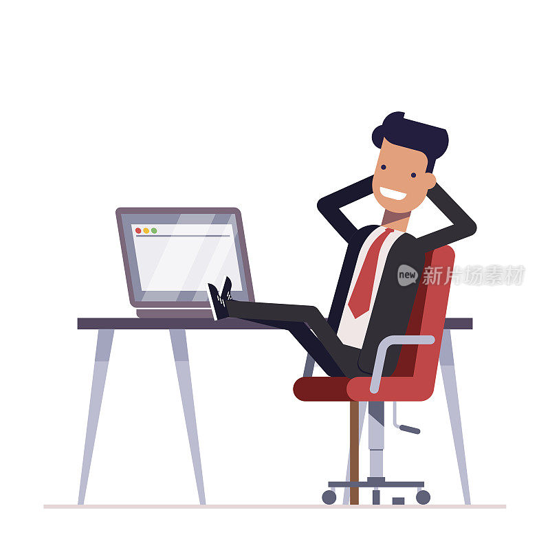 商人或经理坐在椅子上，脚放在桌子上。成功的人在办公室休息。矢量插图。