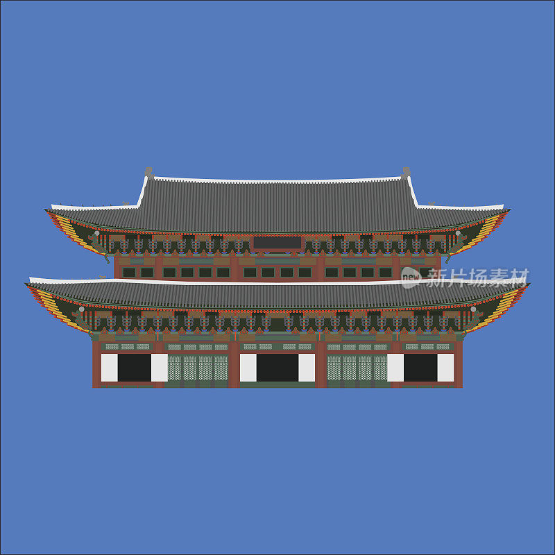 韩国景福宫国家设计平面卡通元素。旅游地标，首尔旅游胜地。世界度假旅游城市观光亚洲大厦收藏。亚洲建筑孤立
